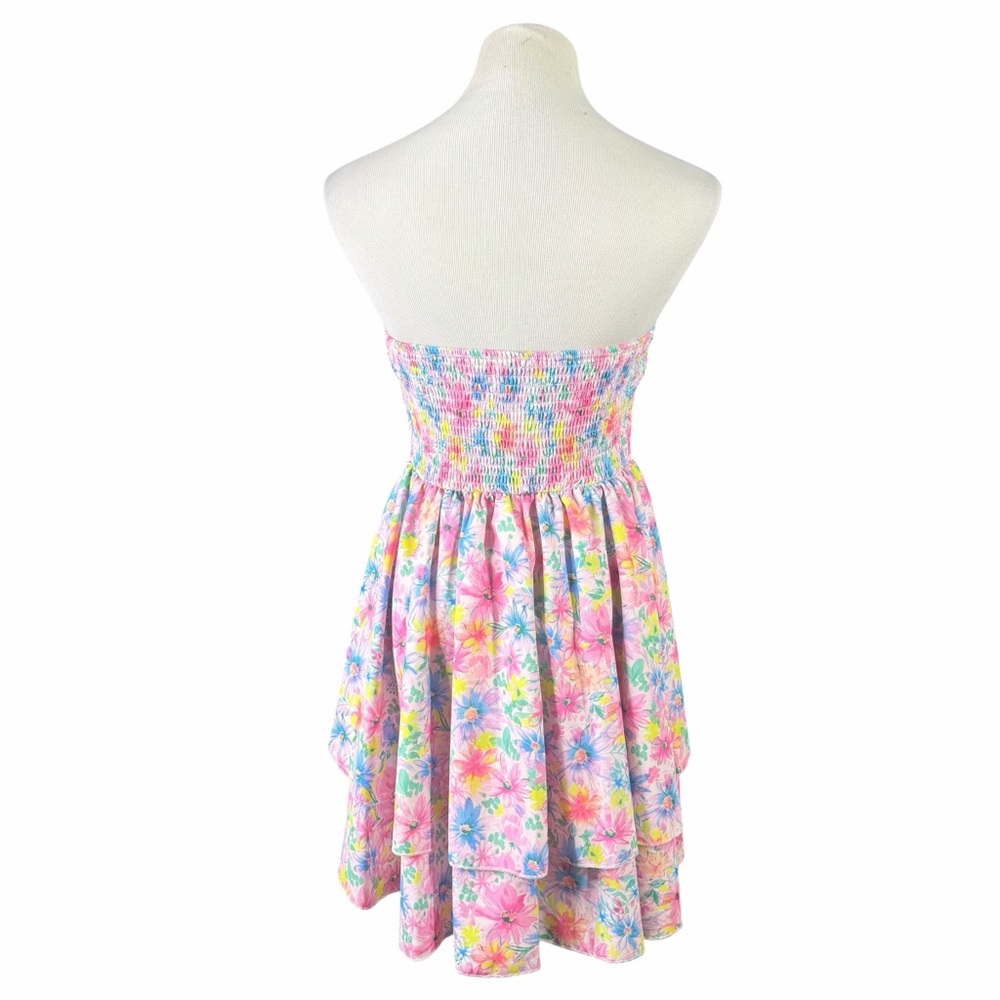 SHEIN Soleia White Multicolor Floral Ruffle Sweetheart Strapless Mini Dress - M - Picture 6 of 16